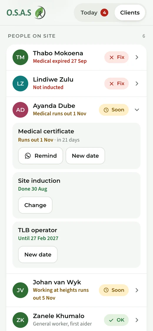 One contractor's people on site, with a medical that runs out soon and a Remind button