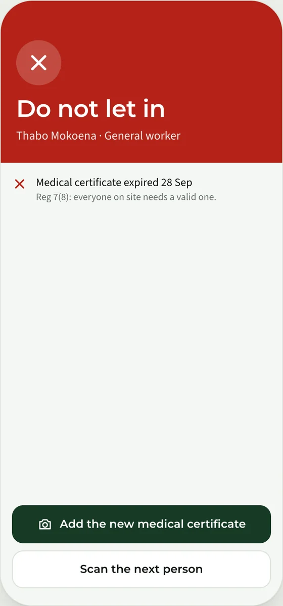 App screen showing 12 of 14 workers cleared for site, with two who can't enter and why