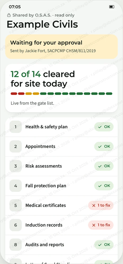Shared file view for the principal contractor with an approve button