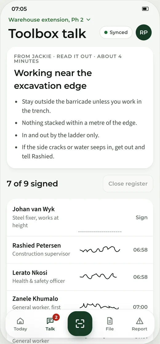Toolbox talk sign-on register with signatures